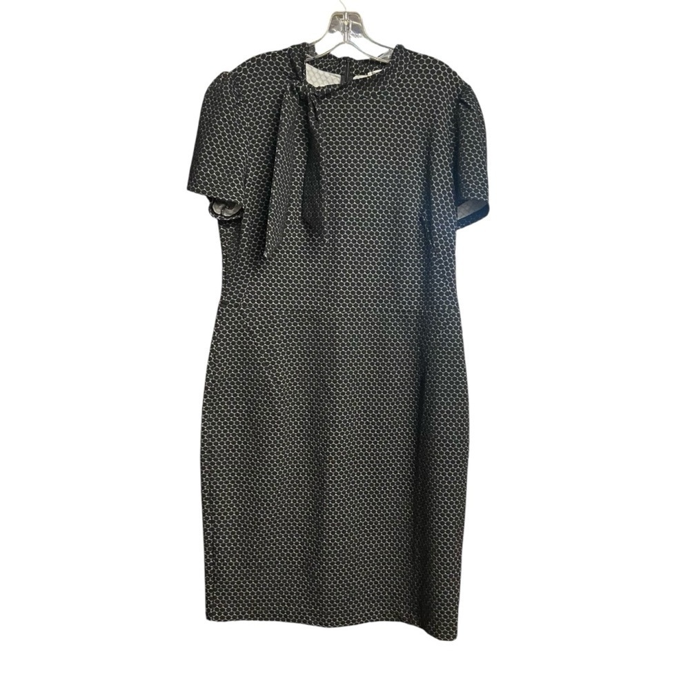 London Style Geometric Print Sheath Dress Size 16 Black White Neck Tie Detail
